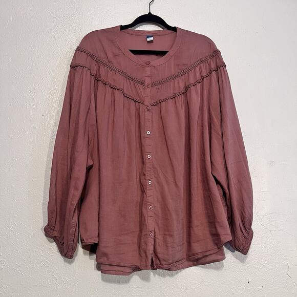Old Navy Tops - OLD NAVY Dark Pink Long-Sleeve Embroidered Button Up Blouse‎ size XXL